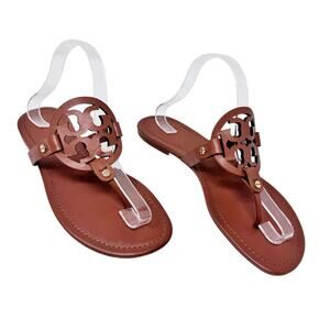 Tory Burch Miller Sandals Brown Leather Logo Thong Flat Size 10